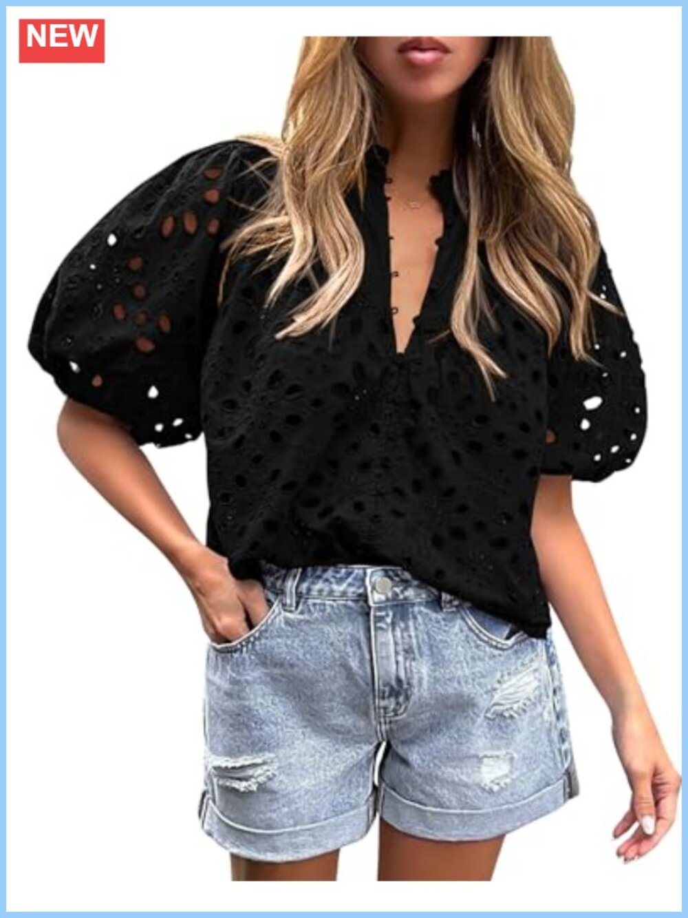 PRETTYGARDEN Womens Boho Eyelet Puff Sleeve Blouse
